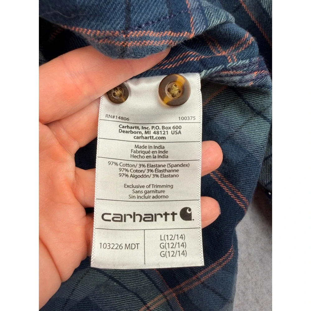 Carhartt Womens Plaid Flannel Shirt Blue L 12/14 Cabincore Gorpcore Cottagecore